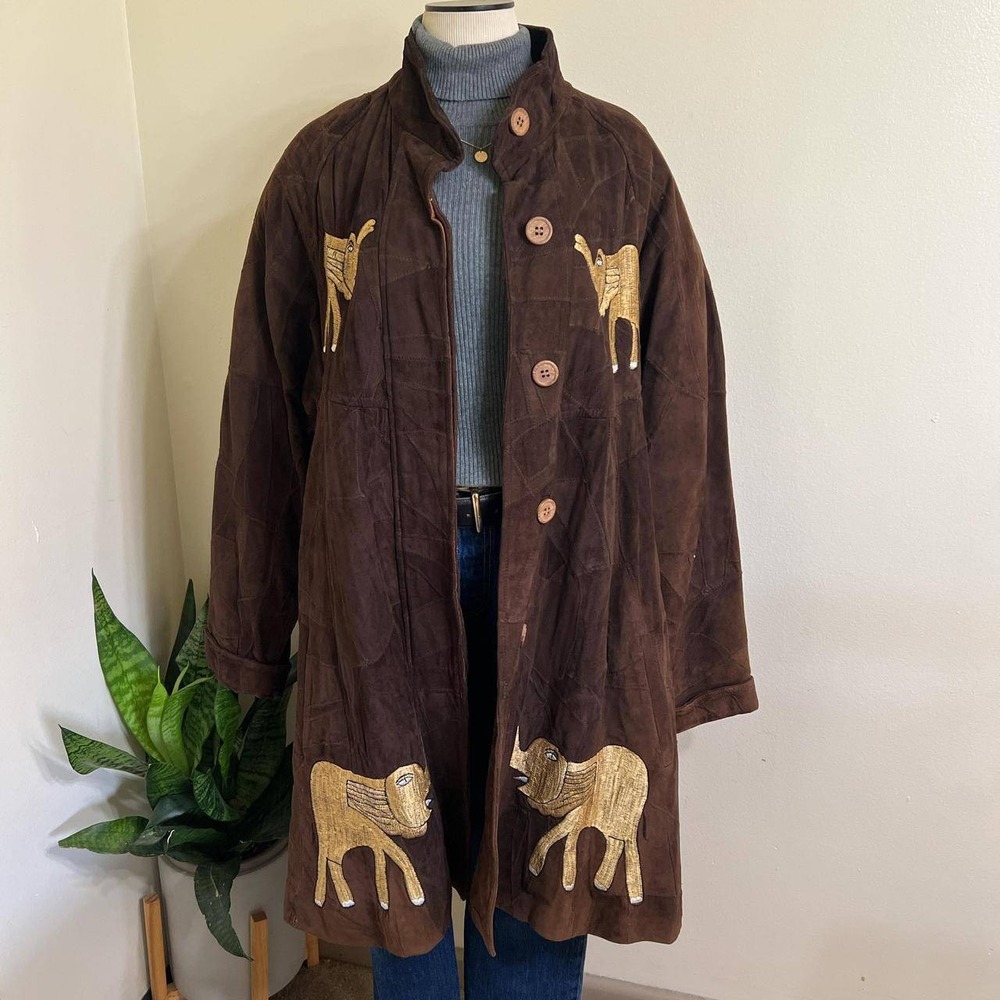 The African Star Brown Corduroy 100% Leather Coat Gold Appliqué Vintage Style
